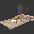 Modern Security Checkpoint With Barbed Wire Fence Sandbags Wooden Platform And Scattered Items