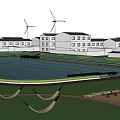 Scenic Park Landscape With Wind Turbines Trees Green Grass Benches And People