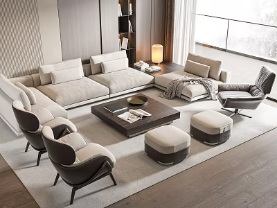 Modern Living Room Sofa Coffee Table Set With Cushions Accent Chairs Ottomans And Natural Light 3d model
