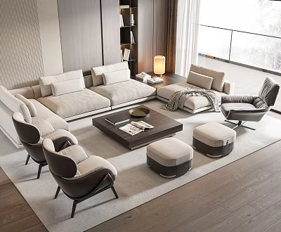Modern Living Room Sofa Coffee Table Set With Cushions Accent Chairs Ottomans And Natural Light 3d model