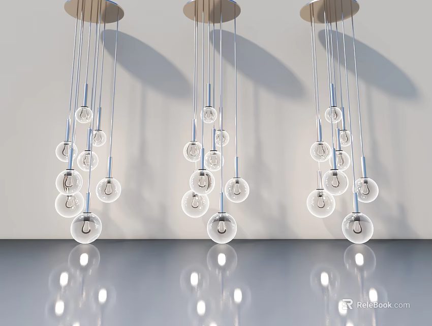 Modern Swing Door Interior With Hanging Glass Globe Pendant Lights And White Walls 3d model 