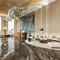 Modern Luxury Hotel Lobby With Artistic Hanging Installation And Polished Marble Floor And Cozy Seating