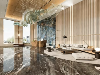 Modern Luxury Hotel Lobby With Artistic Hanging Installation And Polished Marble Floor And Cozy Seating 3d model