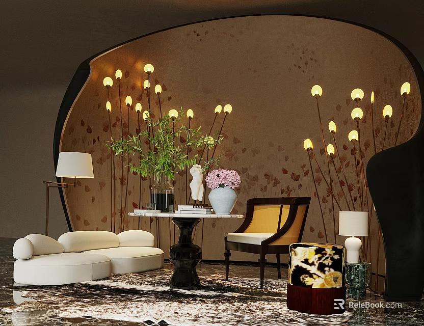 Elegant Living Room Decor With Stylish Flower Stand And Lamps 3d model 