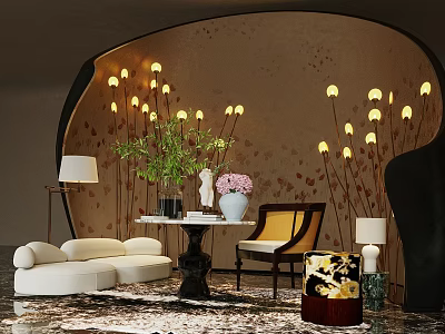 Elegant Living Room Decor With Stylish Flower Stand And Lamps 3d model