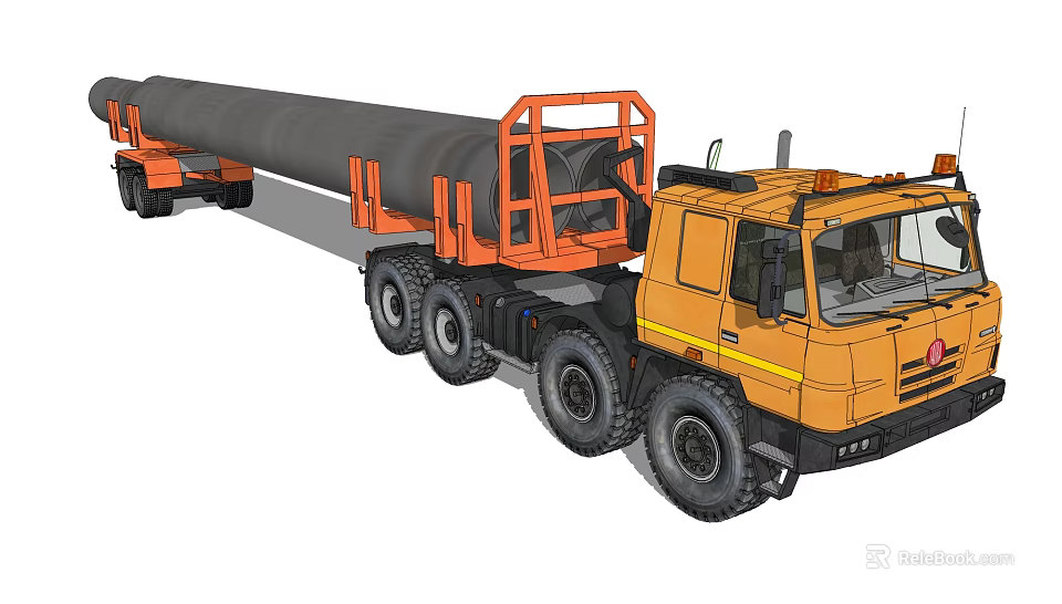Yellow Heavy Duty Transport Truck Carrying Large Cylindrical Cargo With Multiple Wheels 3d model 