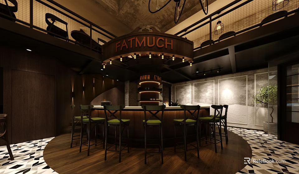 Industrial Style Cafe Interior With Round Wooden Bar Counter Green Stools And Metal Railings 3d model 