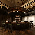 Industrial Style Cafe Interior With Round Wooden Bar Counter Green Stools And Metal Railings