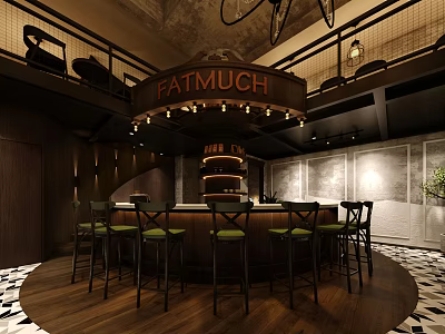 Industrial Style Cafe Interior With Round Wooden Bar Counter Green Stools And Metal Railings 3d model