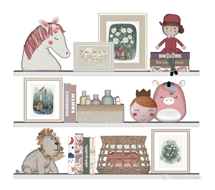 Decorative Ornament Set With Unicorn Doll Picture Frames Lion Figurine Books Basket Bottles On Shelves 3d model 