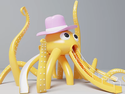 Yellow Octopus Shaped Amusement Slide With Pink Hat And Lanes 3d model