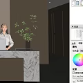 Modern Office Reception Desk With Company Logo Marble Countertop Receptionist Large Windows And Green Plants