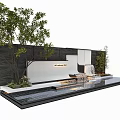 Modern Outdoor Feature Wall with Trees Water Fountain Stone Panels and Green Plants