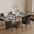 Modern Dining Table Set With Marble Top Six Chairs Tableware Vase And Green Plant