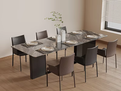 Modern Dining Table Set With Marble Top Six Chairs Tableware Vase And Green Plant 3d model