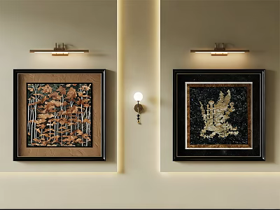 Elegant Abstract Paintings With Framed Artwork And Wall Lights In Modern Interior 3d model