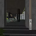 Modern Building Facade With Symmetric Entrance Glass Door Green Plant And Stone Walls