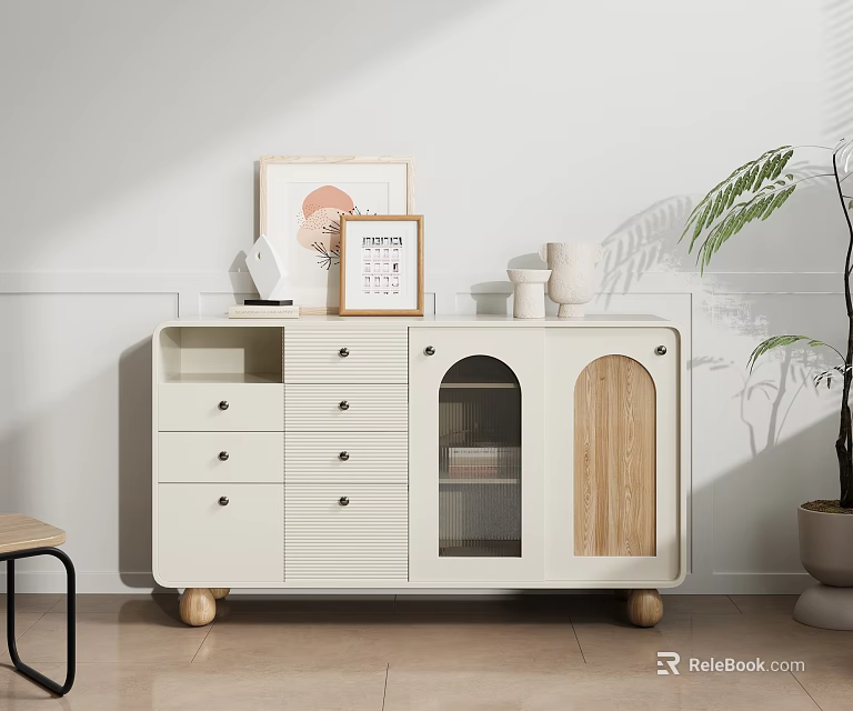 Modern White Entryway Console Side Cabinet With Glass Door Drawers Wooden Accents And Decor Items 3d model 
