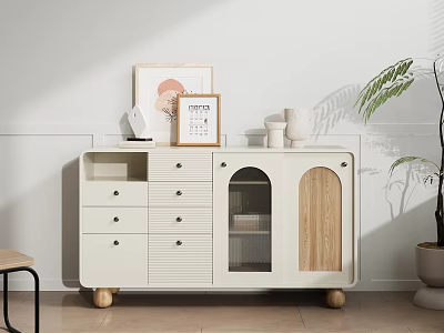 Modern White Entryway Console Side Cabinet With Glass Door Drawers Wooden Accents And Decor Items 3d model