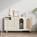 Modern White Entryway Console Side Cabinet With Glass Door Drawers Wooden Accents And Decor Items