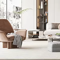 Modern Living Room Interior With Round Decorative Wall Art Sofa And Bookshelves