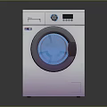 White Front Load Washing Machine with Blue Door Purple Trim and Digital Control Panel