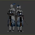 Medieval Knightly Weapons Held by Armored Knights in Blue and Silver Armor