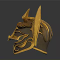 Detailed Golden Helmet Sculpture With Intricate Winged Design And Spiked Top