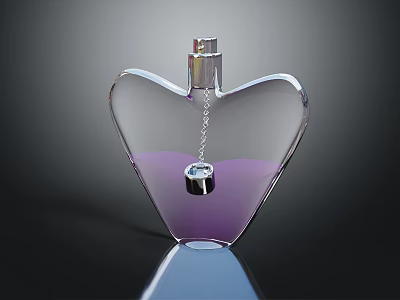 Sculpture Carving of Heart Shaped Perfume Bottle in Transparent Glass with Purple Liquid Silver Sprayer and Pendant 3d model