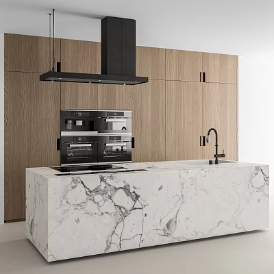Modern Kitchen with Wooden Cabinets Marble Island Black Range Hood Built-in Ovens and Faucet 3d model
