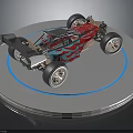 Race Car Model with Blue Red Flame Pattern Large Wheels Open Frame on Circular Stand