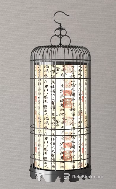 Traditional Decorative Ornament Set With Metal Cage And Chinese Calligraphy Scrolls 3d model 