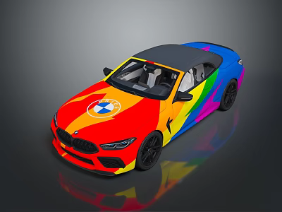 Vibrant Rainbow Colored Convertible Car With Black Roof And BMW Logo Design 3d model