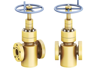 Two Industrial Brass Valves With Blue Handwheels And Flanged Connections 3d model