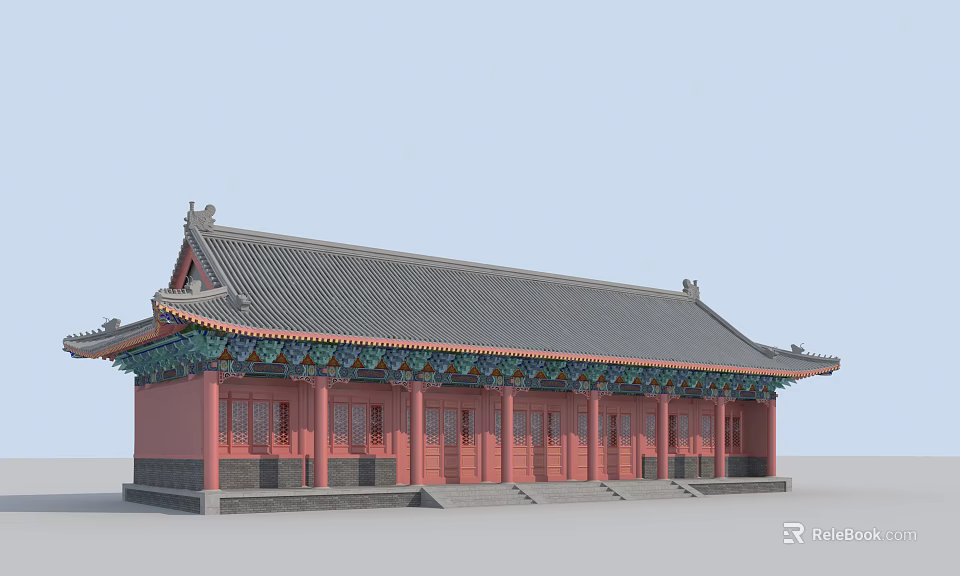 Traditional Ancient Chinese Architecture With Red Walls Grey Roof And Upturned Eaves 3d model 