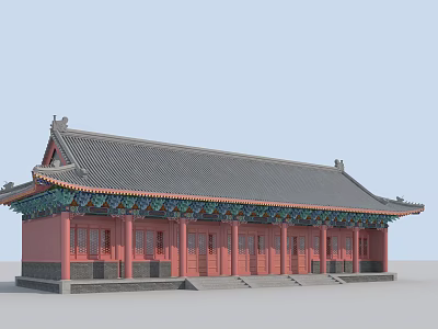 Traditional Ancient Chinese Architecture With Red Walls Grey Roof And Upturned Eaves 3d model