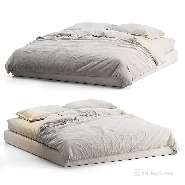 Modern Minimalist Double Bed Interior With Soft Linen Bedding And Neutral Tones 3d model 