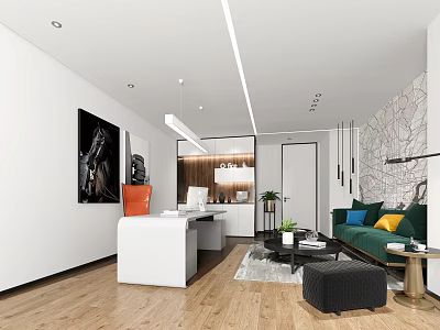 Modern Office Interior With Wooden Floor Desk Sofa Plant And Abstract Wall Art 3d model