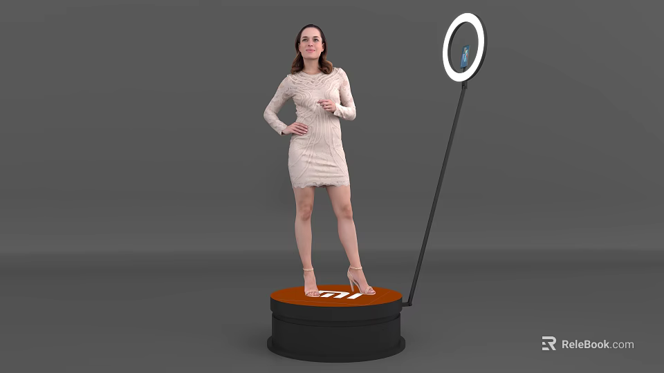 Elegant Woman Posing On Orange Platform With Ring Light Stand 3d model 
