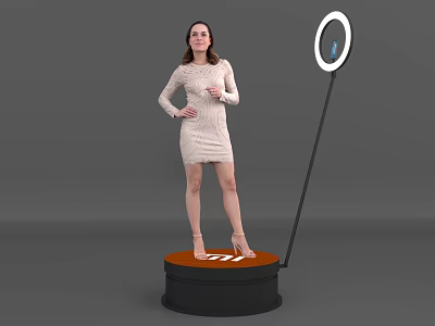 Elegant Woman Posing On Orange Platform With Ring Light Stand 3d model