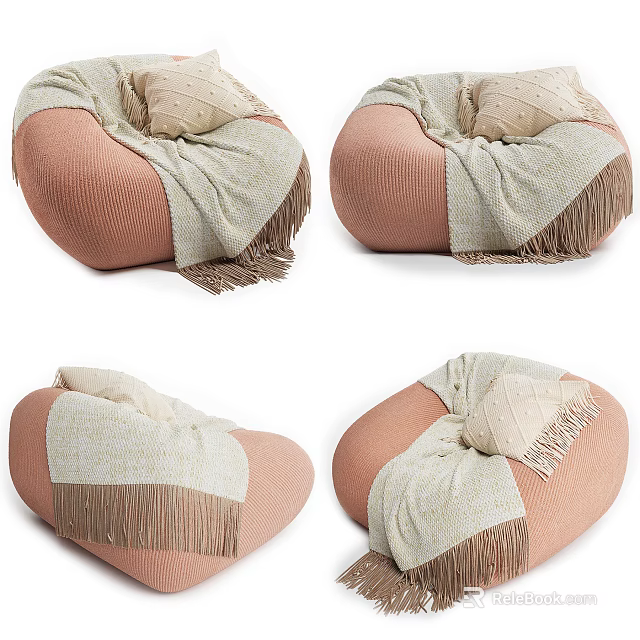 Cozy Pink Bean Bag Chair With Soft Beige Fringed Blanket And Cushion 3d model 