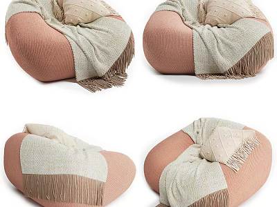Cozy Pink Bean Bag Chair With Soft Beige Fringed Blanket And Cushion 3d model