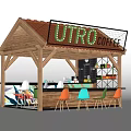 Wooden UTRO Coffee Kiosk Featuring Red Tile Roof Bar Counter And Colorful Chairs