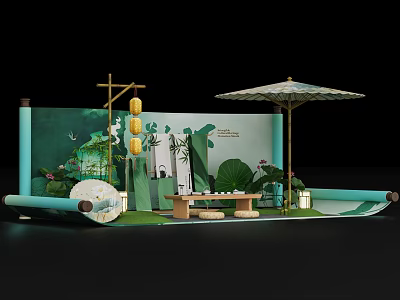 Traditional Chinese Style Photo Check In Spot With Green Scroll Backdrop Lanterns And Umbrella 3d model