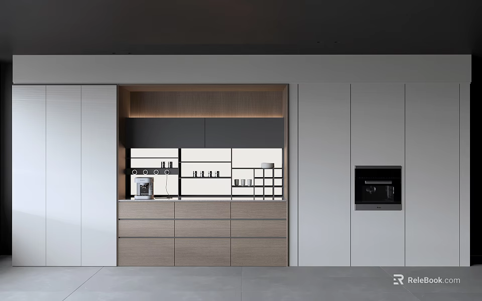 Modern Open Kitchen Interior With Stylish Wooden Sideboard And Storage Design 3d model