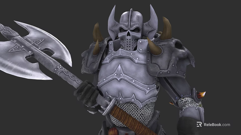 Fierce Game Movie Character in Spiked Skull Armor Wielding Giant Axe with Chainmail 3d model 