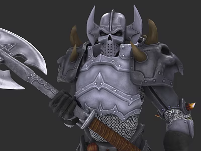 Fierce Game Movie Character in Spiked Skull Armor Wielding Giant Axe with Chainmail 3d model