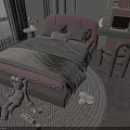 Cozy Pink Gray Kids Bed with Stuffed Rabbit Toy Desk and Lamp