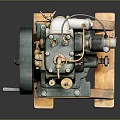 Vintage Green Mechanical Equipment with Metal Parts on Wooden Base