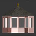 Wooden Gazebo Structure With Gray Roof Golden Finial Open Door And Glass Windows